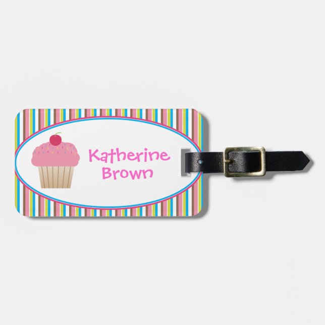 Personalized Candy Striped Cupcake Luggage Tag (Front Horizontal)
