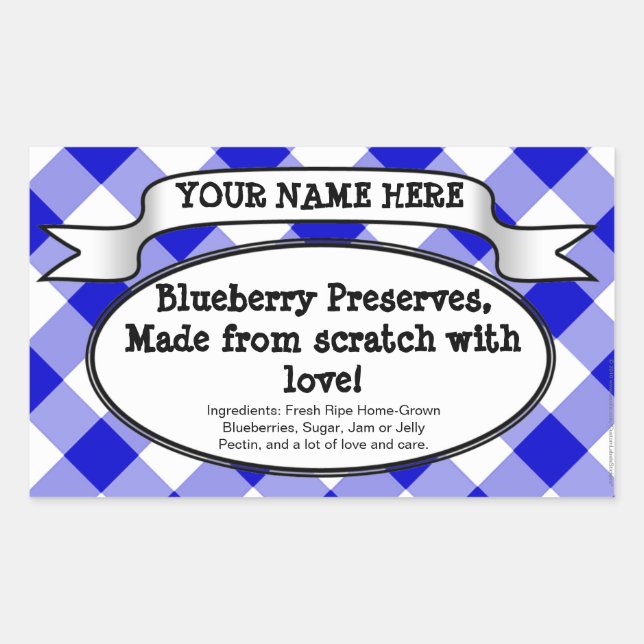Personalized Canning Jar Label, Blue Gingham Jam Sticker (Front)