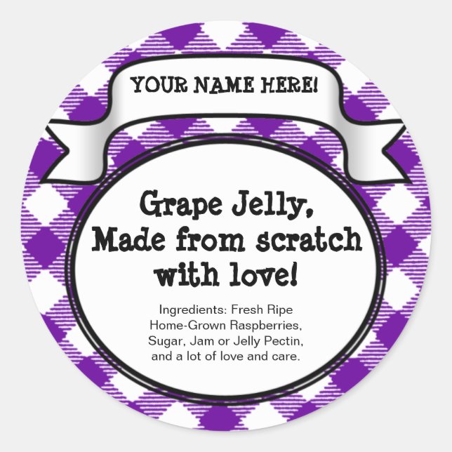 Personalized Canning Jar/Lid Label, Purple Gingham Classic Round Sticker (Front)