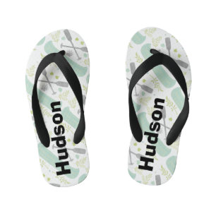 Personalized Canoe & Paddle Mint and Grey Pattern Kid's Flip Flops