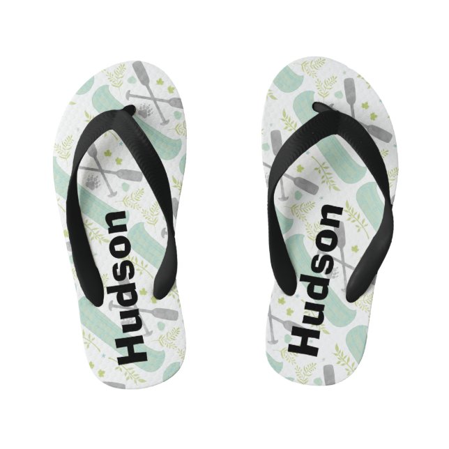 Personalized Canoe & Paddle Mint and Grey Pattern Kid's Flip Flops (Footbed)