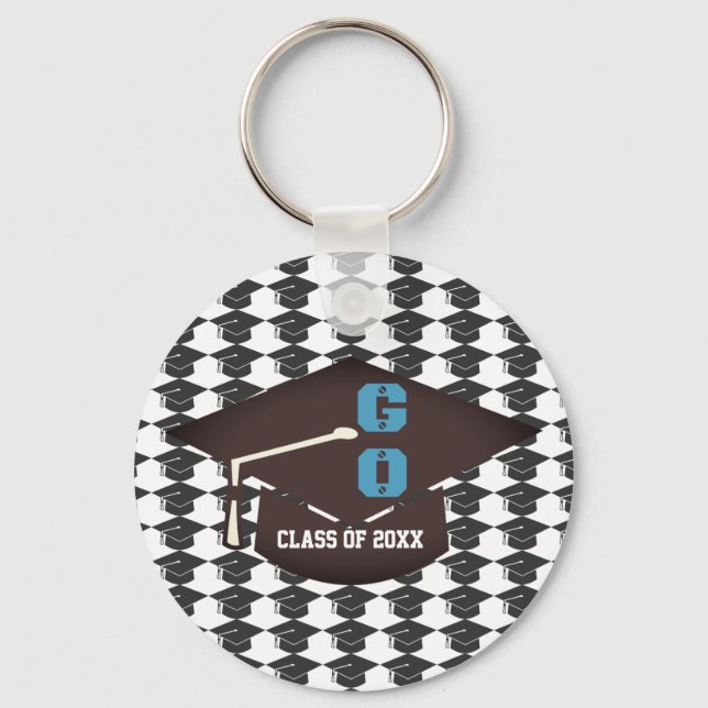Personalized Cap and Gown Graduation Blue Text Keychain (Front)