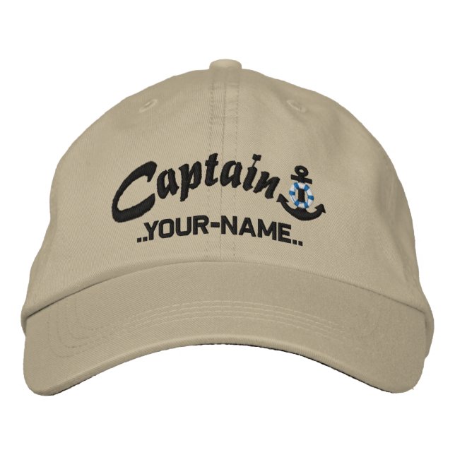 Personalized Captain Lifesaver Anchor Name Black Embroidered Hat (Front)