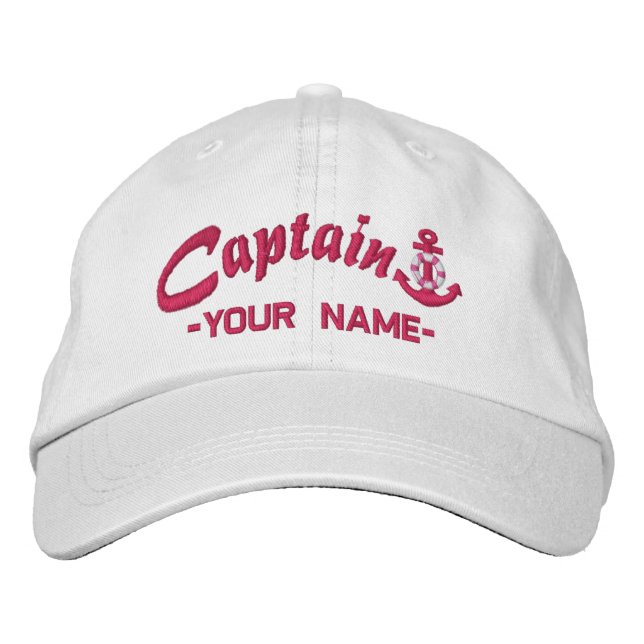 Personalized Captain Lifesaver Anchor Name Fuchsia Embroidered Hat (Front)
