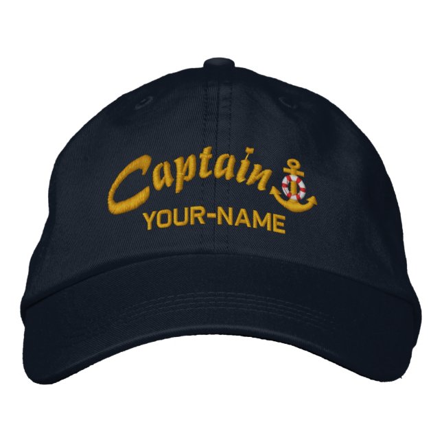 Personalized Captain Lifesaver Anchor Name Golden Embroidered Hat (Front)