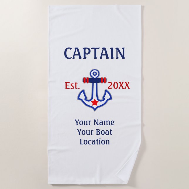 Personalized Captain Name Boat Year and More Beach Towel (Front)