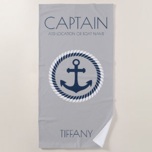 Personalized Captain Nautical Anchor Boat Beach Towel