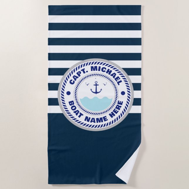 Personalized Captain Nautical Anchor Boat Name Beach Towel (Front)