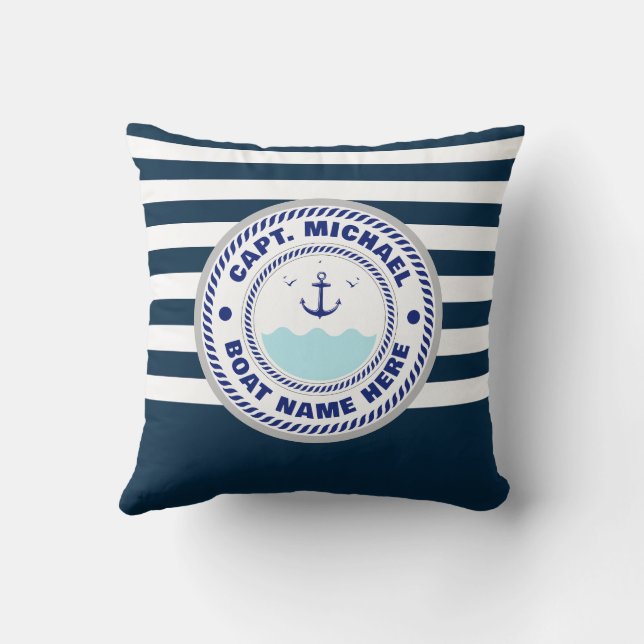 Personalized Captain Nautical Anchor Boat Name Throw Pillow (Back)