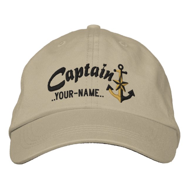 Personalized Captain Nautical Anchor Name Black Embroidered Hat (Front)