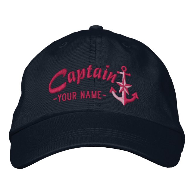 Personalized Captain Nautical Anchor Name Fuchsia Embroidered Hat (Front)