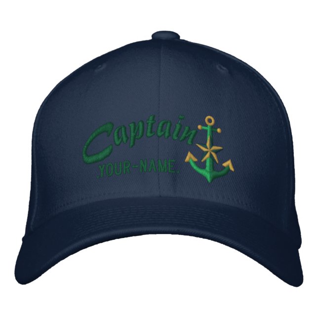 Personalized Captain Nautical Anchor Name Green Embroidered Hat (Front)