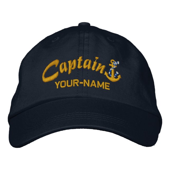 Personalized Captain Rope Anchor Name Golden Embroidered Hat (Front)