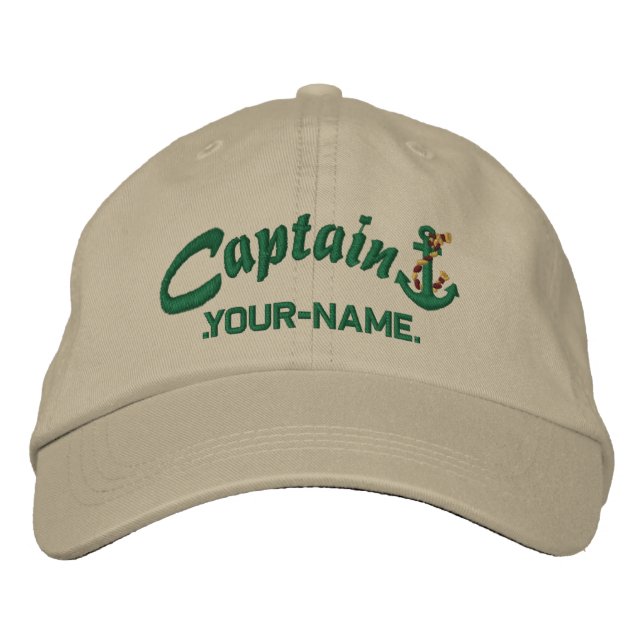 Personalized Captain Rope Anchor Name Green Embroidered Hat (Front)