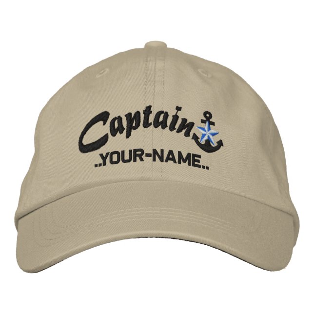 Personalized Captain Star Anchor Name Black Embroidered Hat (Front)