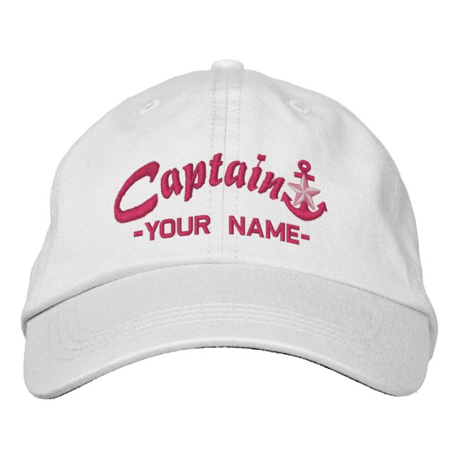 Personalized Captain Star Anchor Name Fuchsia Embroidered Hat (Front)