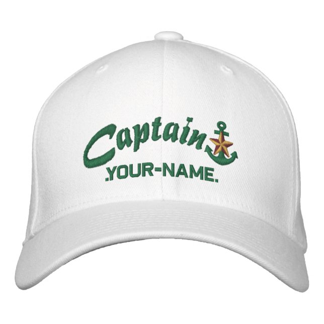 Personalized Captain Star Anchor Name Green Embroidered Hat (Front)