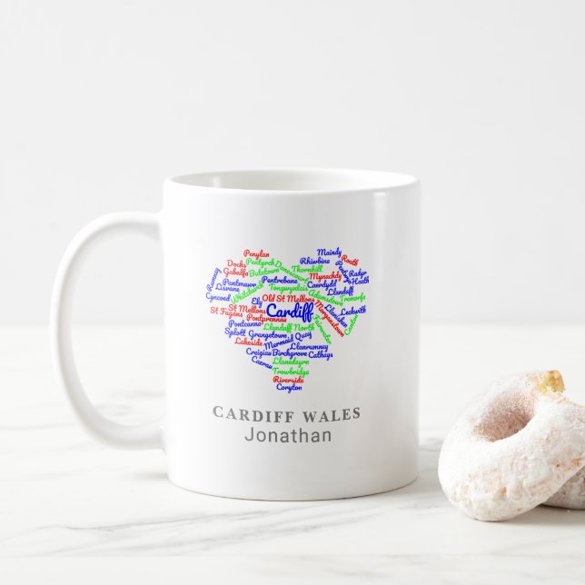 Personalized Cardiff Wales Word Cloud Typography Coffee Mug (With Donut)