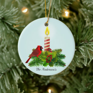 Personalized Cardinal and Candle on Light Blue Ceramic Ornament