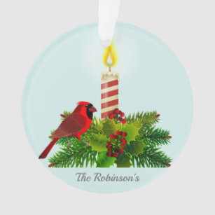 Personalized Cardinal and Candle on Light Blue Ornament