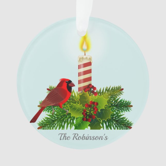 Personalized Cardinal and Candle on Light Blue Ornament (Front)