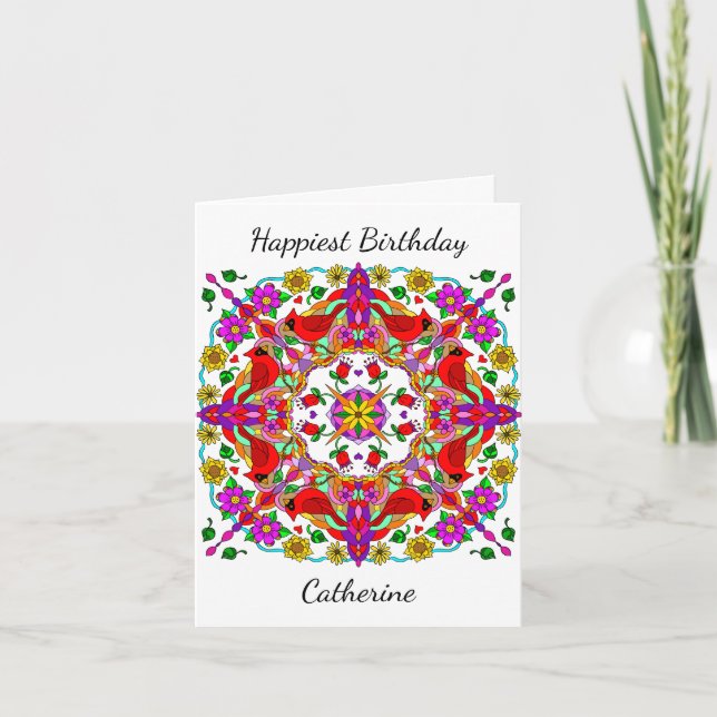 Personalized Cardinal and Flowers Mandala Birthday Card (Front)