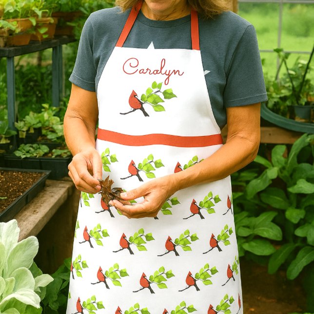 Personalized  Cardinal Bird Print-All-Over Apron (Personalized cardinal apron with name  red bird kitchen gift for gardeners, bird lovers, or cooks)