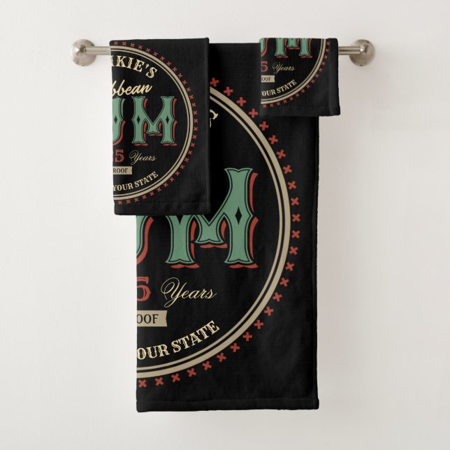 Personalized Caribbean Rum Liquor Bottle Label Bar Bath Towel Set (Insitu)
