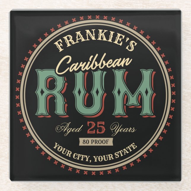 Personalized Caribbean Rum Liquor Bottle Label Bar Glass Coaster (Front)