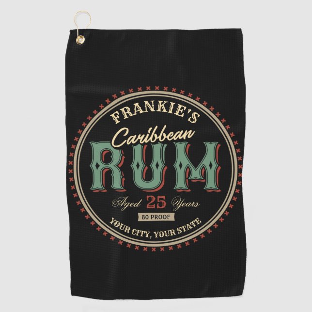 Personalized Caribbean Rum Liquor Bottle Label Bar Golf Towel (Front)