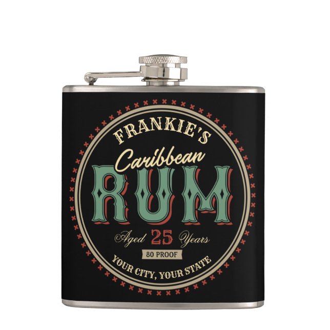 Personalized Caribbean Rum Liquor Bottle Label Bar Hip Flask (Front)
