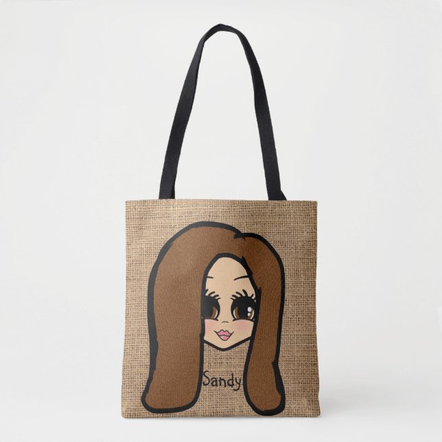Personalized Caricature Jute Print Tote Brown Hair (Front)