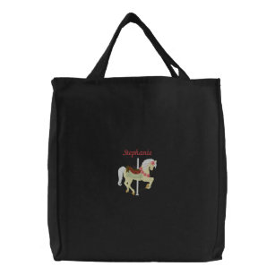 Personalized carousel horse embroidered tote bag