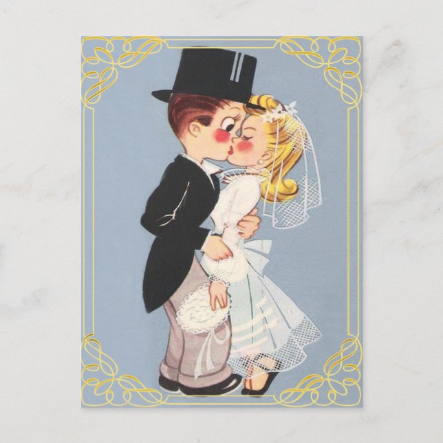 Personalized cartoon bride and groom invitation postcard (Front)