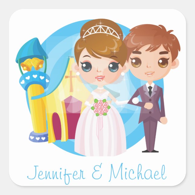 Personalized Cartoon Bride And Groom Love Wedding Square Sticker (Front)