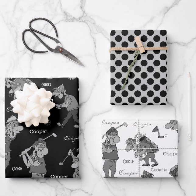 Personalized Cartoon Golfers Wrapping Paper Sheet (Front)