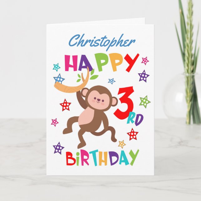 Personalized Cartoon Monkey 3rd Birthday Card (Front)