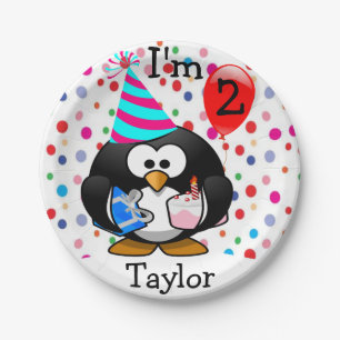Personalized Cartoon Penguin 2nd Birthday Party Paper Plate