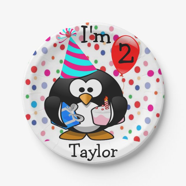 Personalized Cartoon Penguin 2nd Birthday Party Paper Plate (Front)