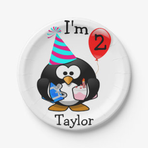 Personalized Cartoon Penguin 2nd Birthday Party Paper Plate