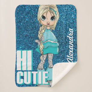 Personalized Cartoon style Girl with Glitter Sherpa Blanket