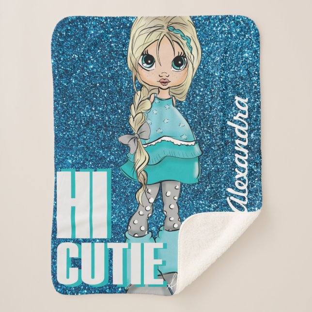 Personalized Cartoon style Girl with Glitter Sherpa Blanket (Front)