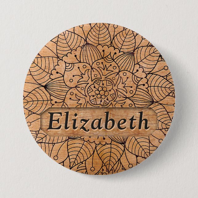 Personalized Carved Wood Floral Mandala 3 Inch Round Button (Front)