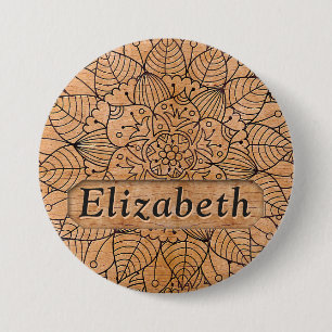 Personalized Carved Wood Floral Mandala 3 Inch Round Button