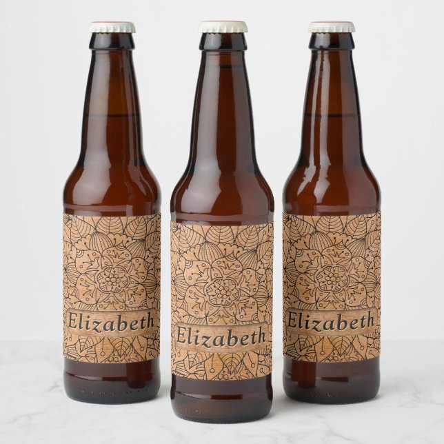 Personalized Carved Wood Floral Mandala Beer Bottle Label (Bottles)