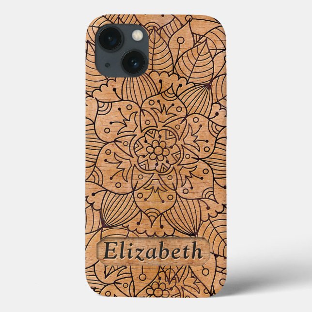 Personalized Carved Wood Floral Mandala Case-Mate iPhone Case (Back)