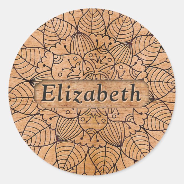 Personalized Carved Wood Floral Mandala Classic Round Sticker (Front)