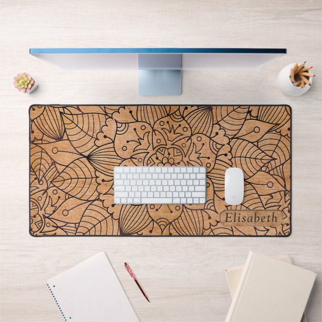Personalized Carved Wood Floral Mandala Desk Mat (Office 1)