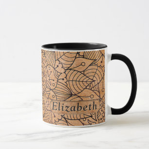 Personalized Carved Wood Floral Mandala Mug