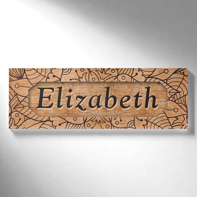 Personalized Carved Wood Floral Mandala Name Tag (Front)